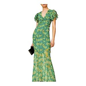 De La Vali Palmera Maxi Floral Green Crepe Dress Sz  (US  10)  UK 14